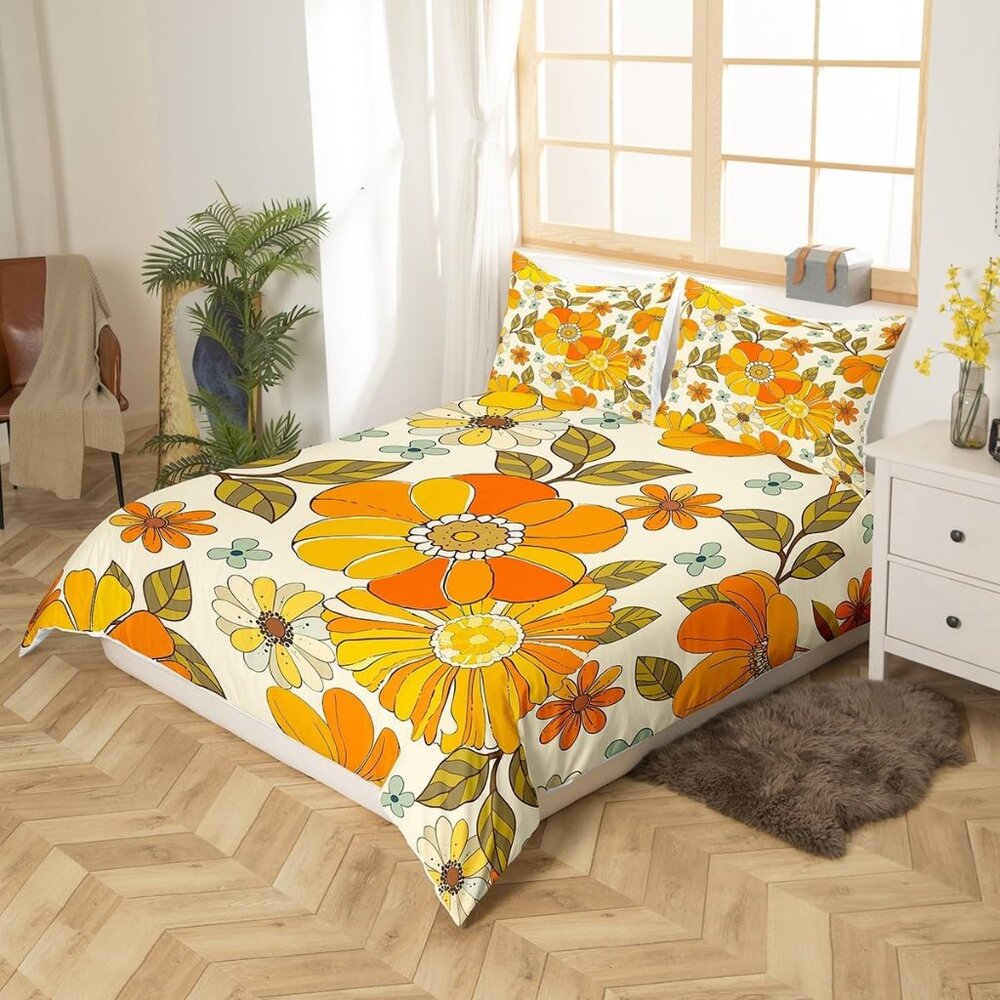 Retro Flowers Duvet Cover Set King Size,Watercolor Yellow Floral Green Leaves Pl - Picture 4 of 9